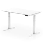 Height adjustable desk with white top and frame on a white background