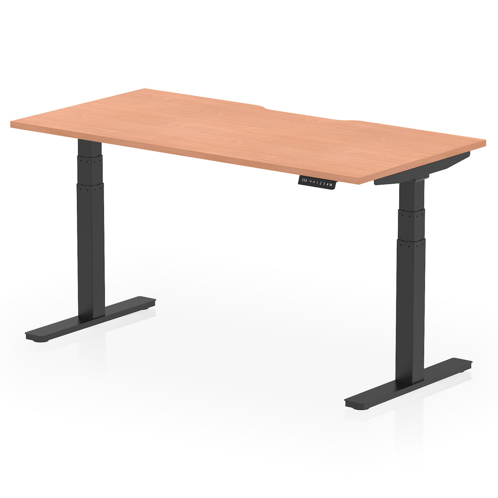 Height adjustable desk with wood-effect top and black frame on a white background