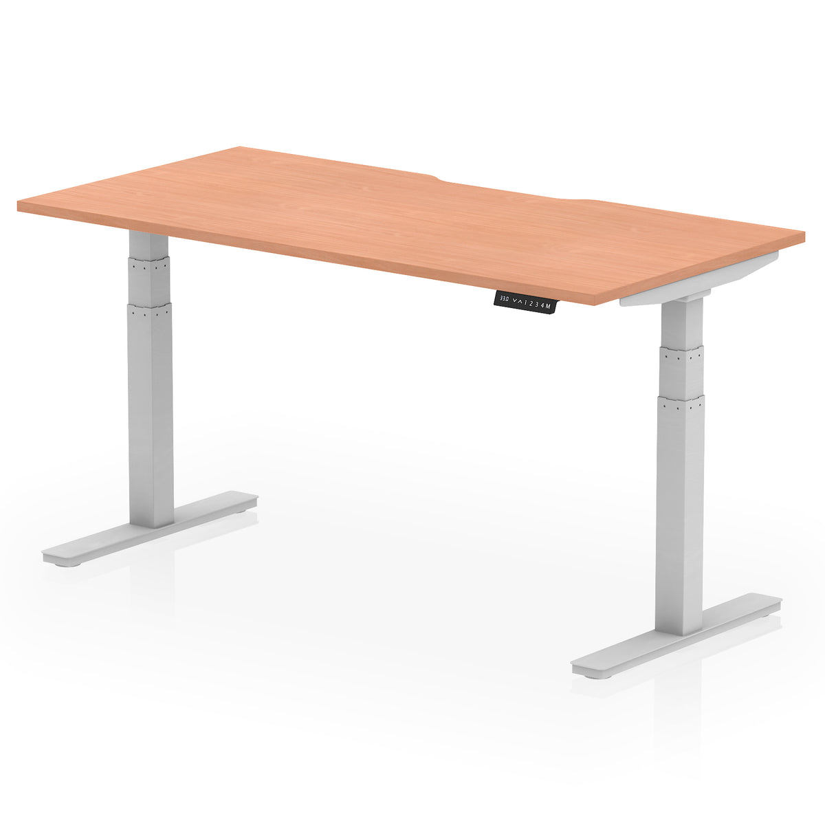 Height adjustable desk with wood-effect top and silver frame on a white background