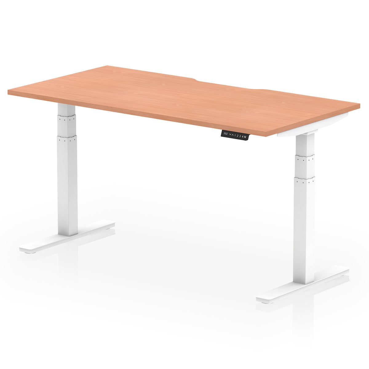 Height adjustable desk with wood-effect top and white frame on a white background