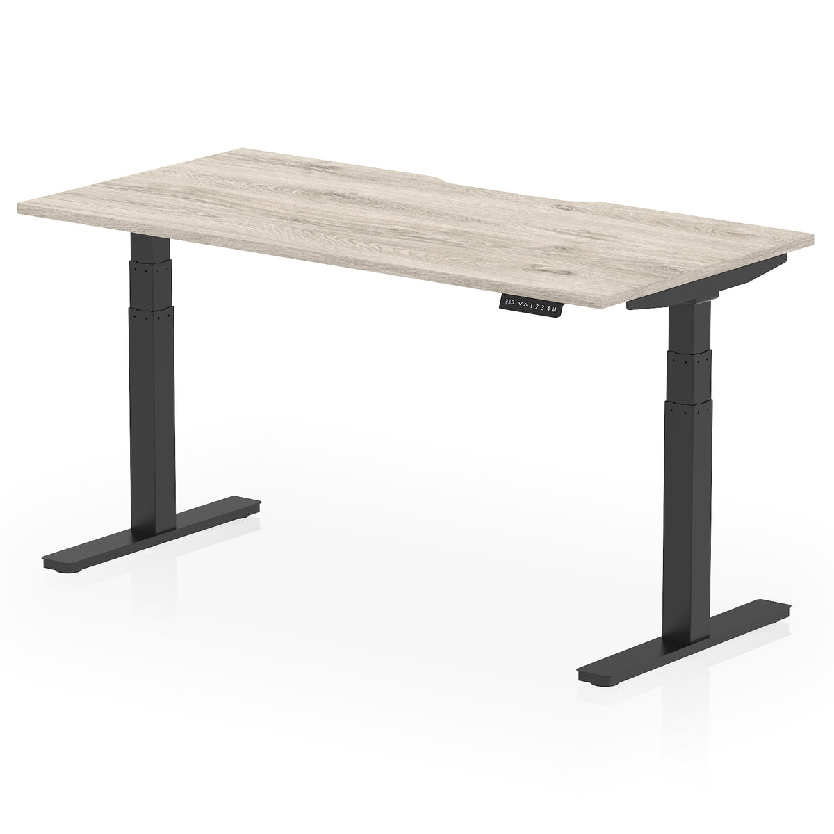 Height adjustable desk with wood-effect top and black frame on a white background