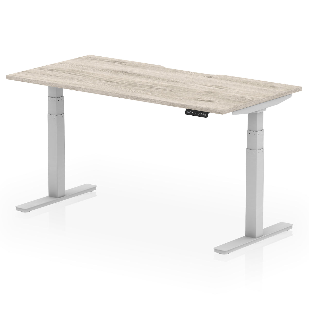 Height adjustable desk with wood-effect top and silver frame on a white background