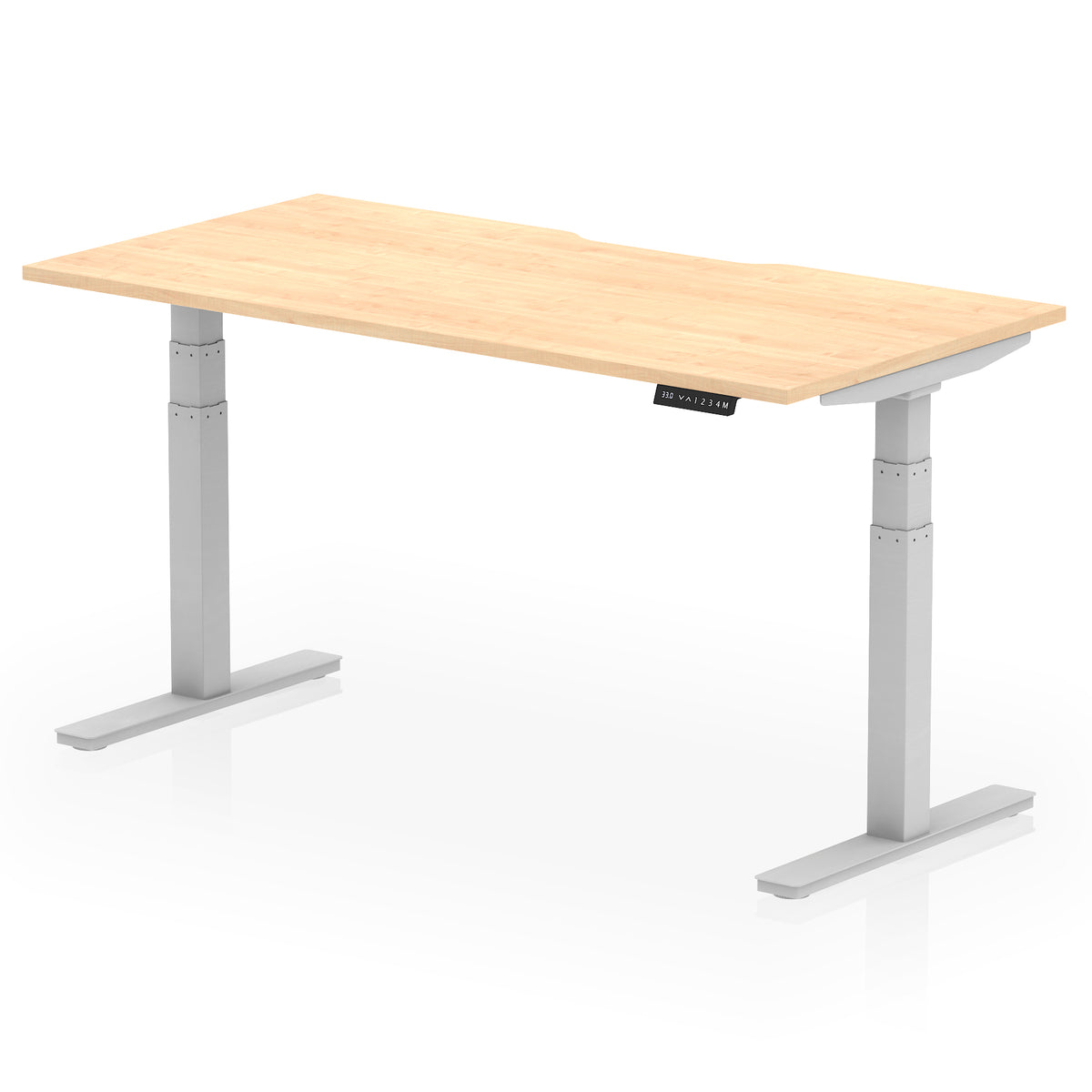 Height adjustable desk with wood-effect top and silver frame on a white background