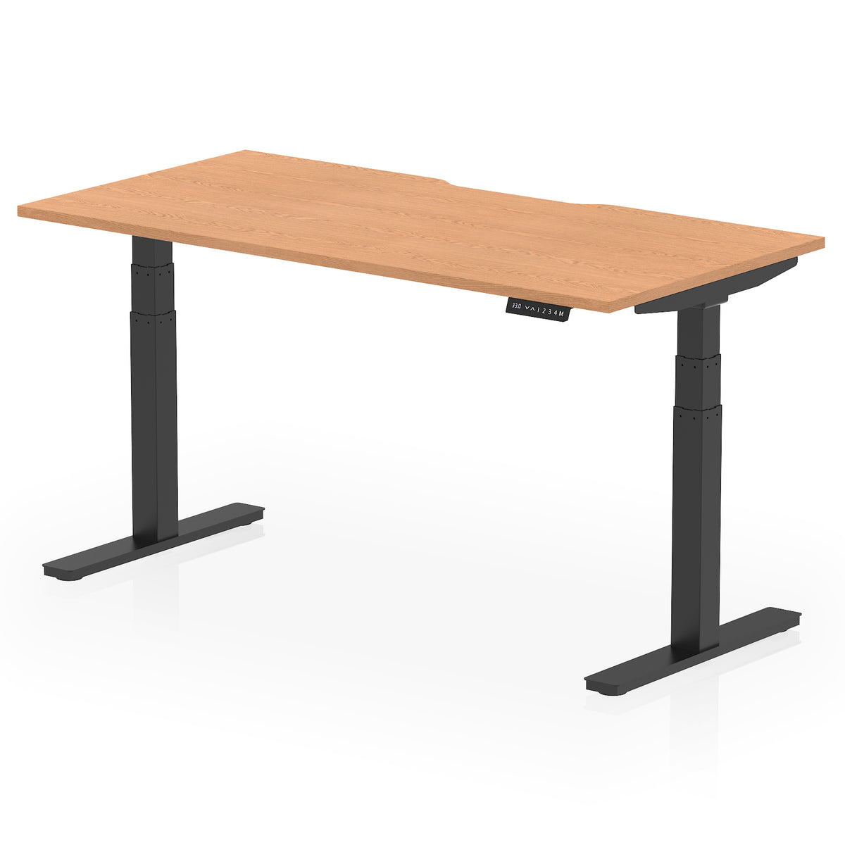 Height adjustable desk with wood-effect top and black frame on a white background