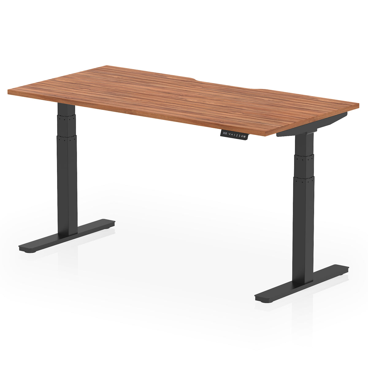 Height adjustable desk with wood-effect top and black frame on a white background
