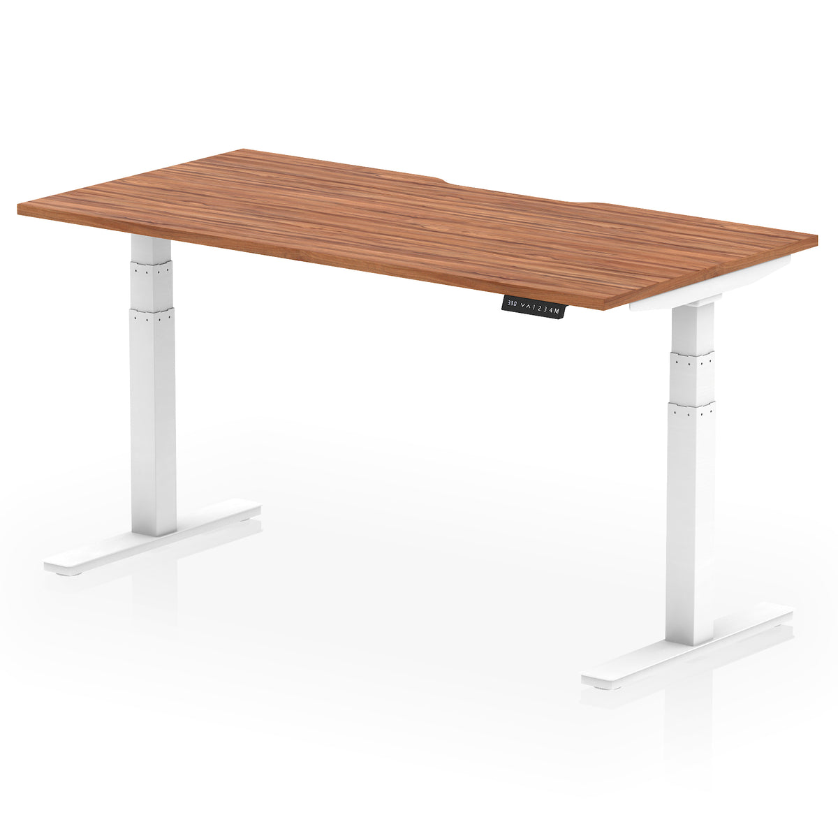 Height adjustable desk with wood-effect top and white frame on a white background