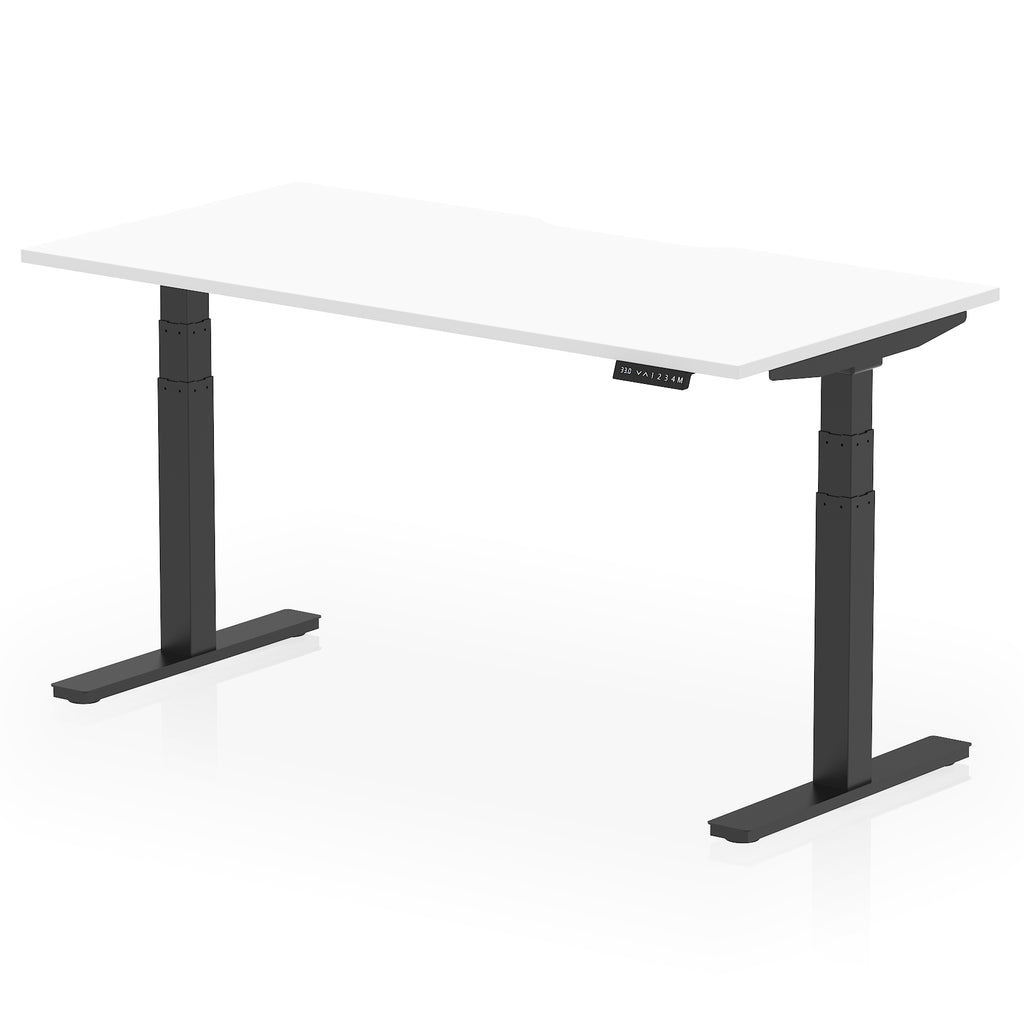 Height adjustable desk with white top and black frame on a white background