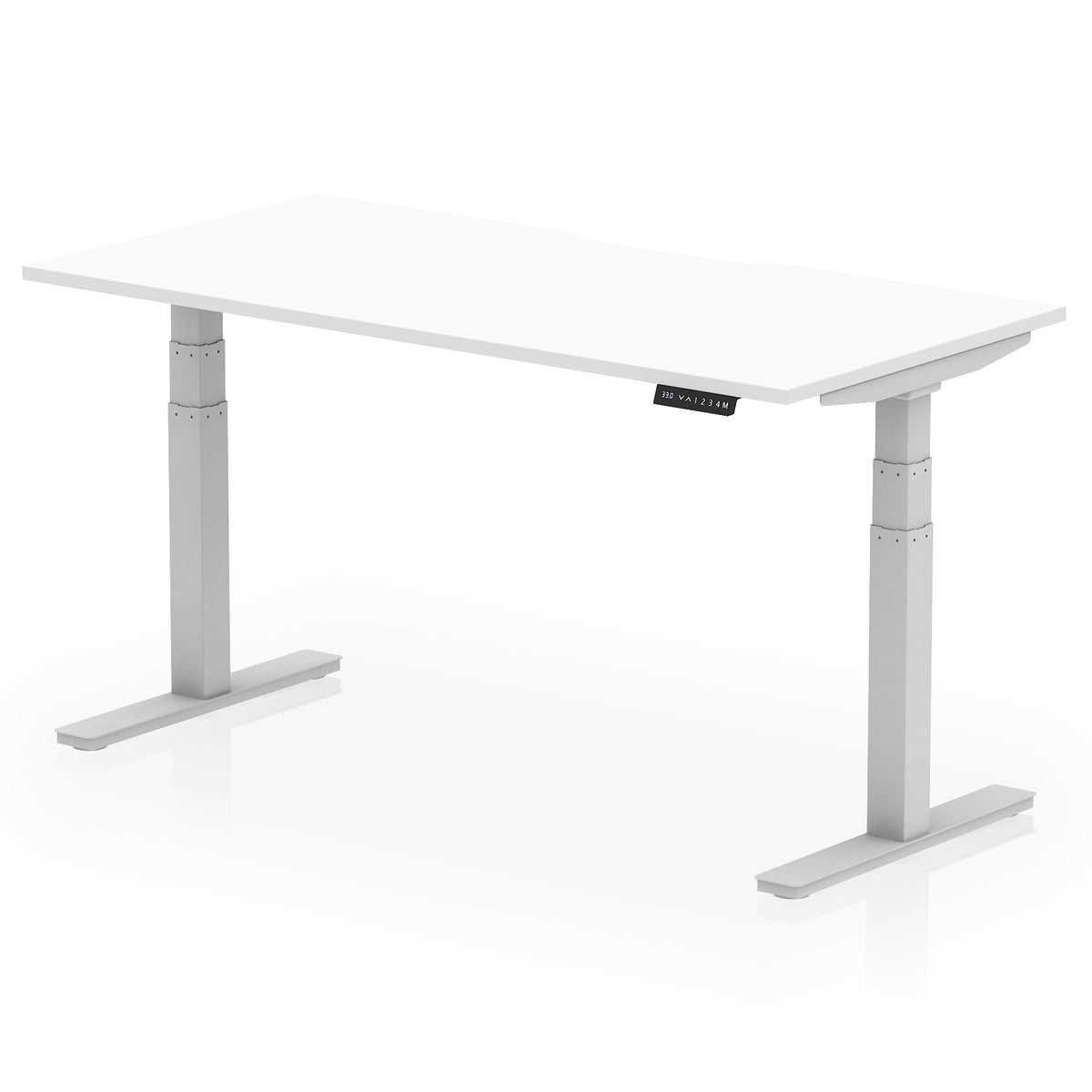 Height adjustable desk with white top and silver frame on a white background