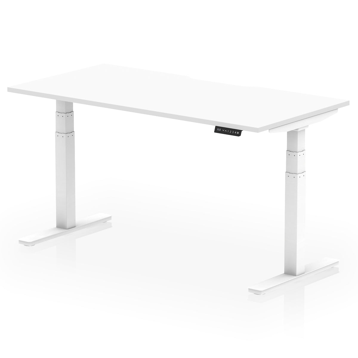 Height adjustable desk with white top and frame on a white background