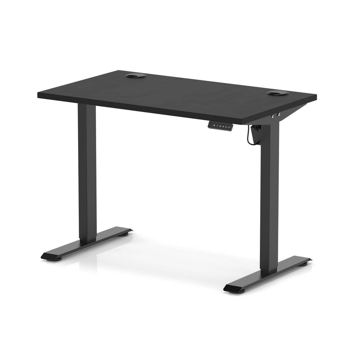A modern black height-adjustable standing desk with a rectangular top, T-style metal legs, and a small control panel under the right side, shown on a clean white background.