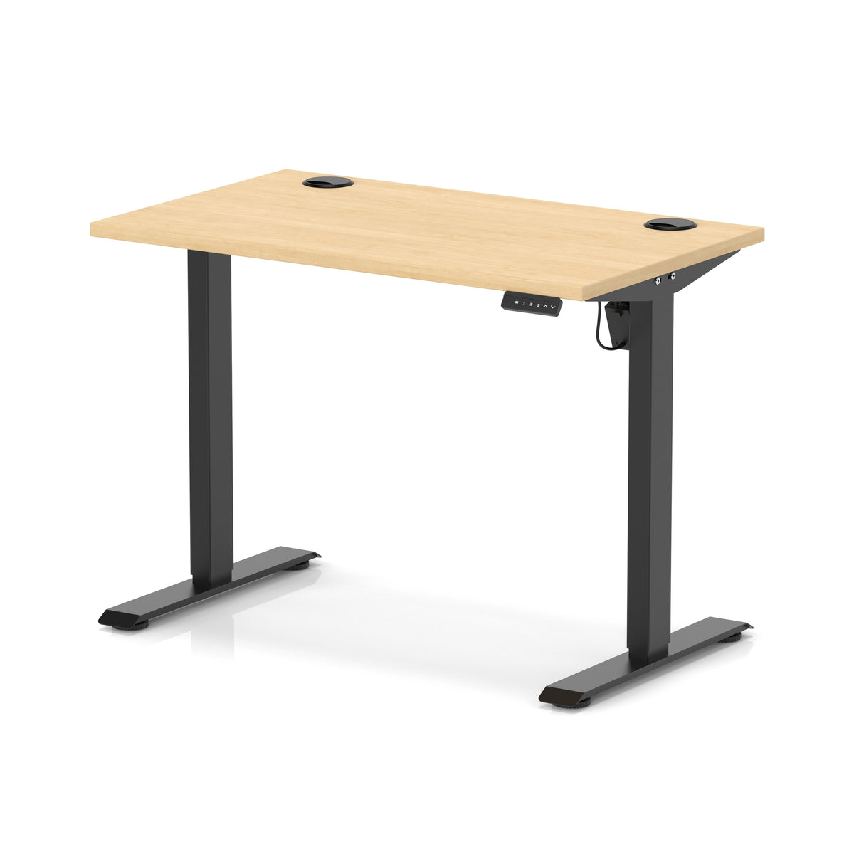 An adjustable standing desk with a light natural wood grain top and black metal legs, shown on a clean white background.