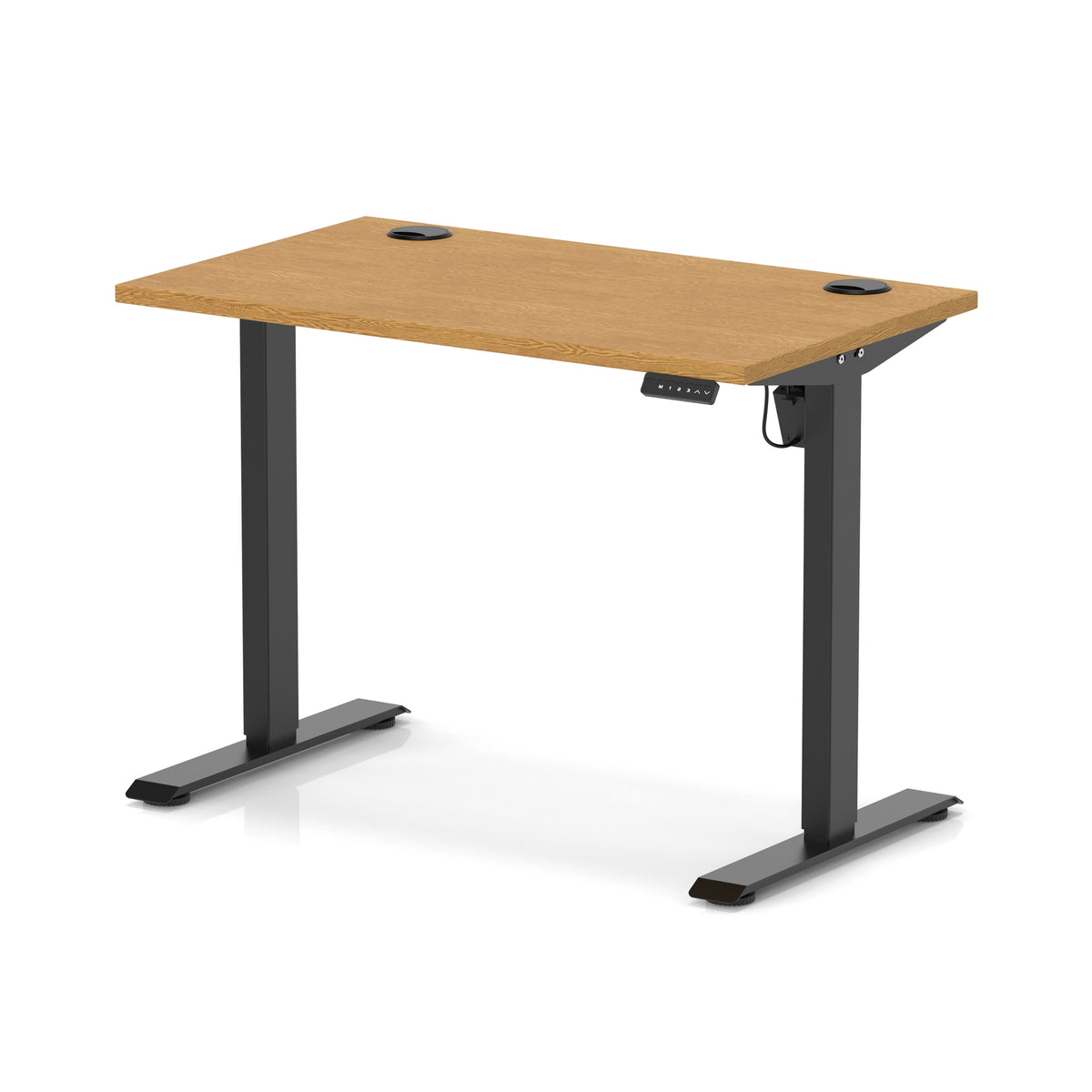 An adjustable standing desk with a light brown wood-grain desktop and black metal legs, shown on a white background.