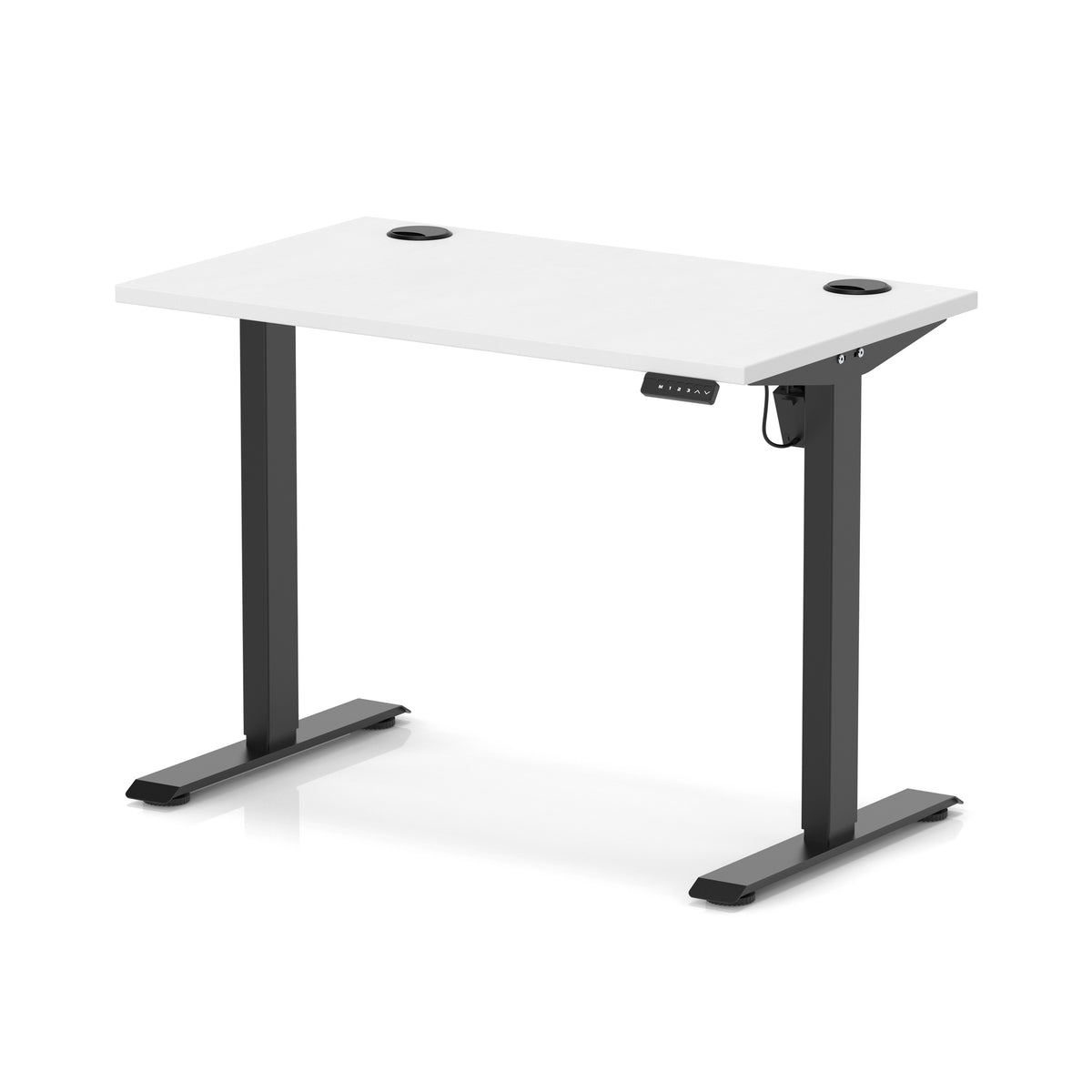 An adjustable height standing desk with a white tabletop and black metal legs, shown on a clean white background.