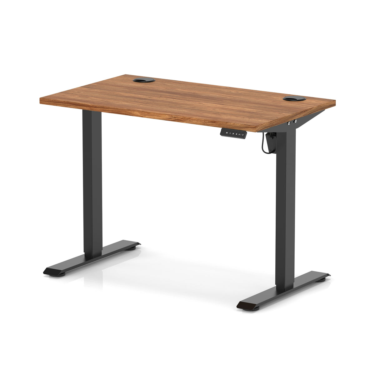 An adjustable standing desk with a medium brown wood-grain desktop and black metal legs, shown on a clean white background.