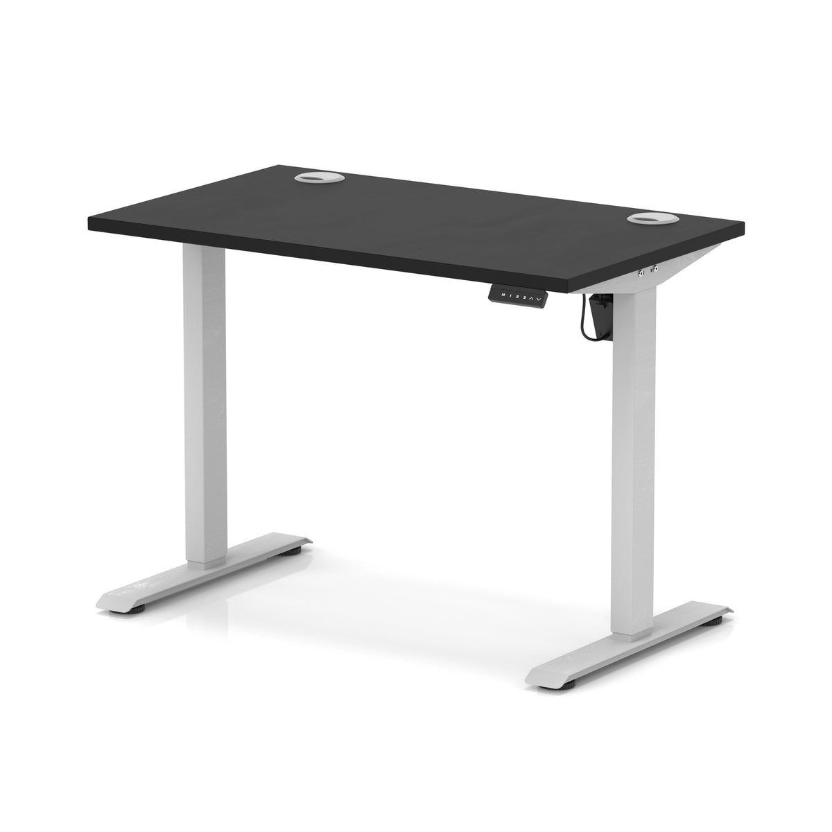 An electric height-adjustable standing desk with a black rectangular desktop and a silver metal frame, shown on a clean white background.