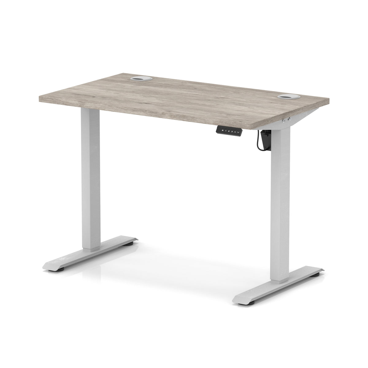 An adjustable standing desk with a light grey wood-grain desktop and silver metal legs, shown on a clean white background.
