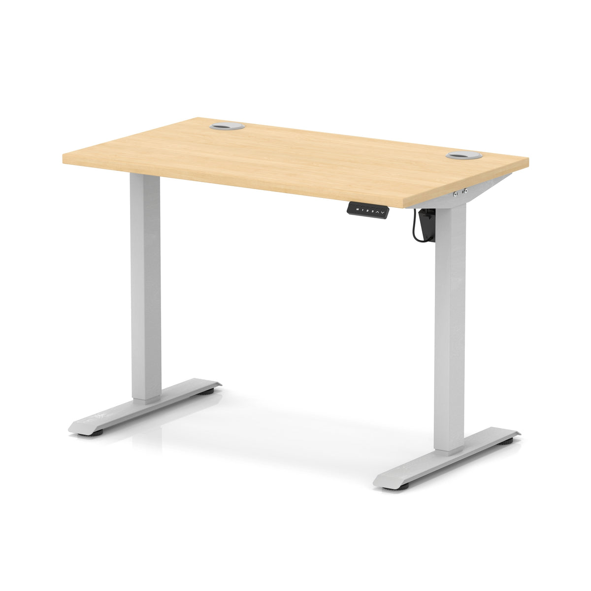 An adjustable standing desk with a light natural wood grain top and silver metal legs, shown on a clean white background.