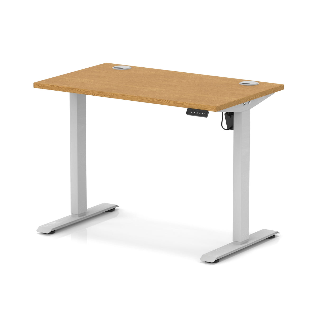 An adjustable standing desk with a light brown wood-grain desktop and silver metal legs, shown on a white background.