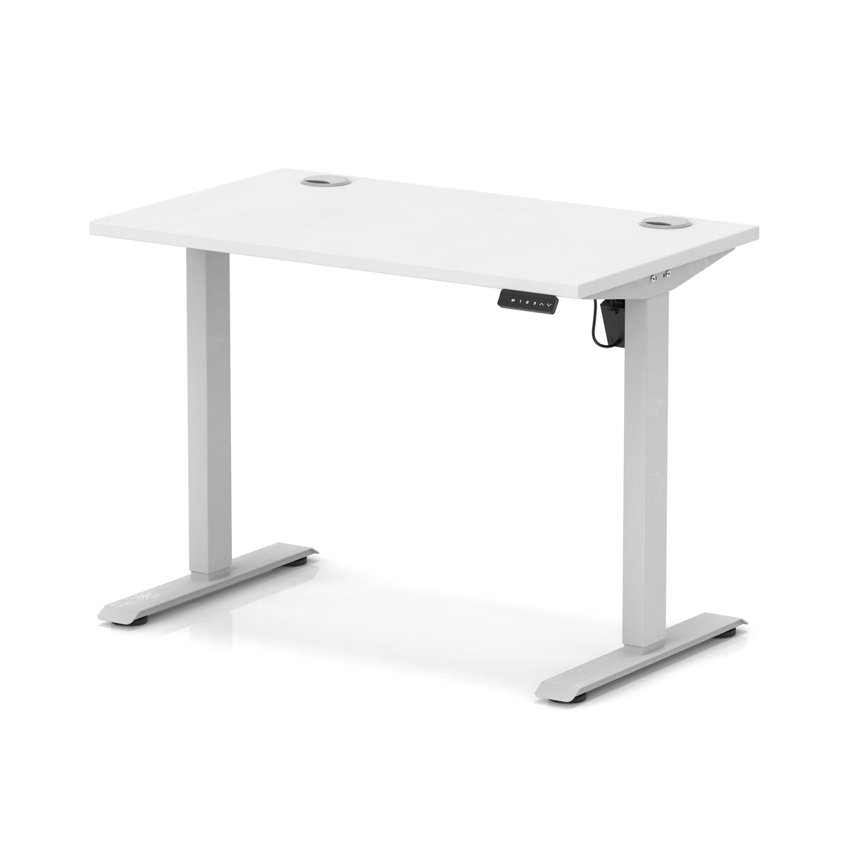 An adjustable height standing desk with a white tabletop and silver metal legs, shown on a clean white background.
