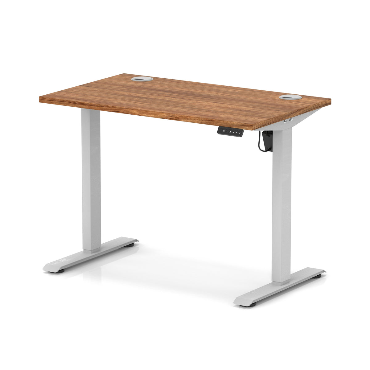 An adjustable standing desk with a medium brown wood-grain desktop and silver metal legs, shown on a clean white background.