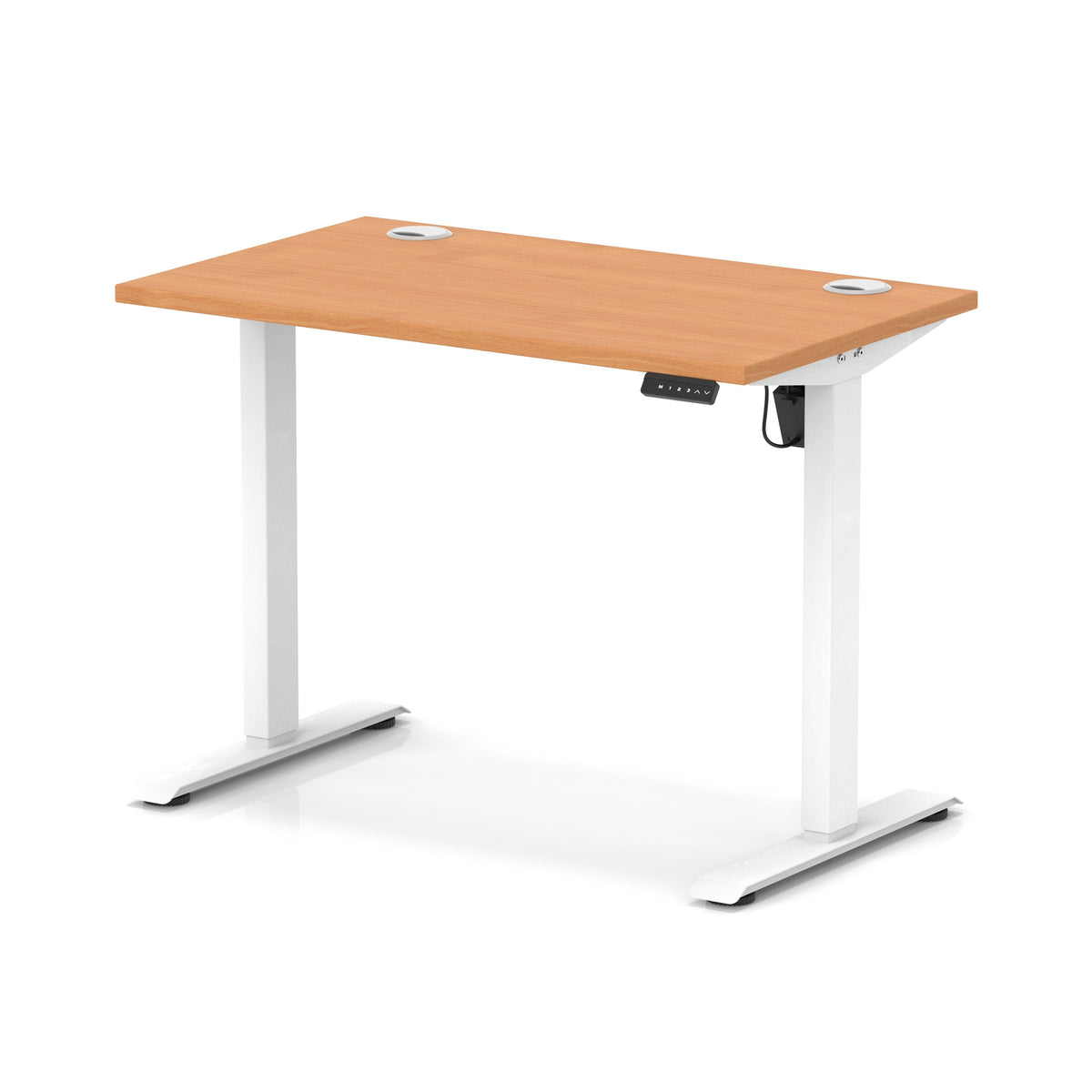 An adjustable standing desk with a light brown wood-grain desktop and white metal legs, shown on a white background with a subtle reflection.