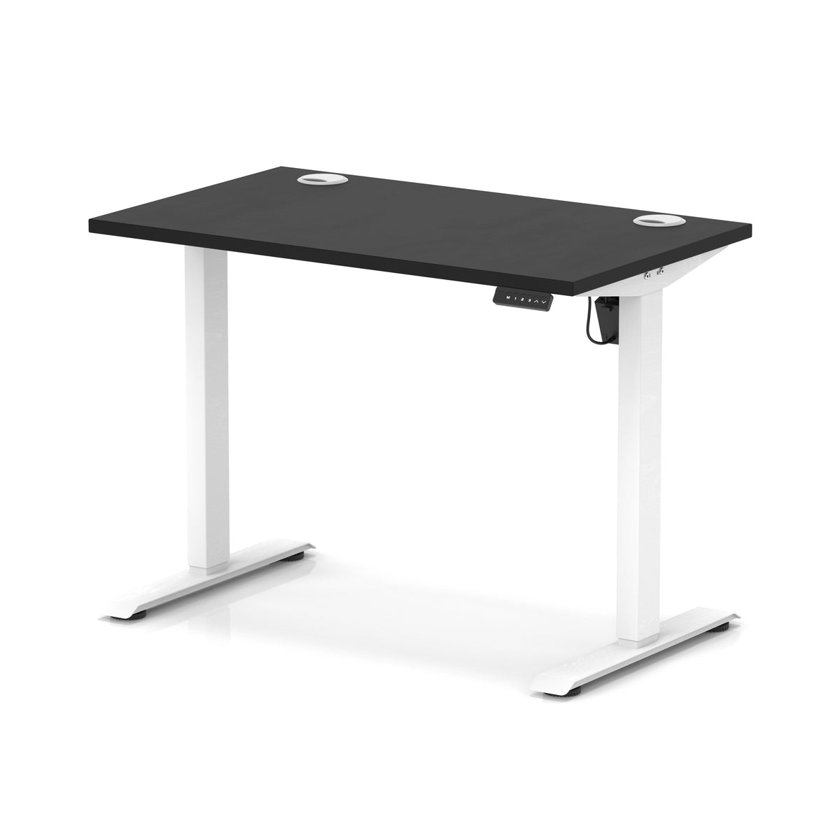 An electric height-adjustable standing desk with a black rectangular desktop and a white metal frame, shown on a clean white background.