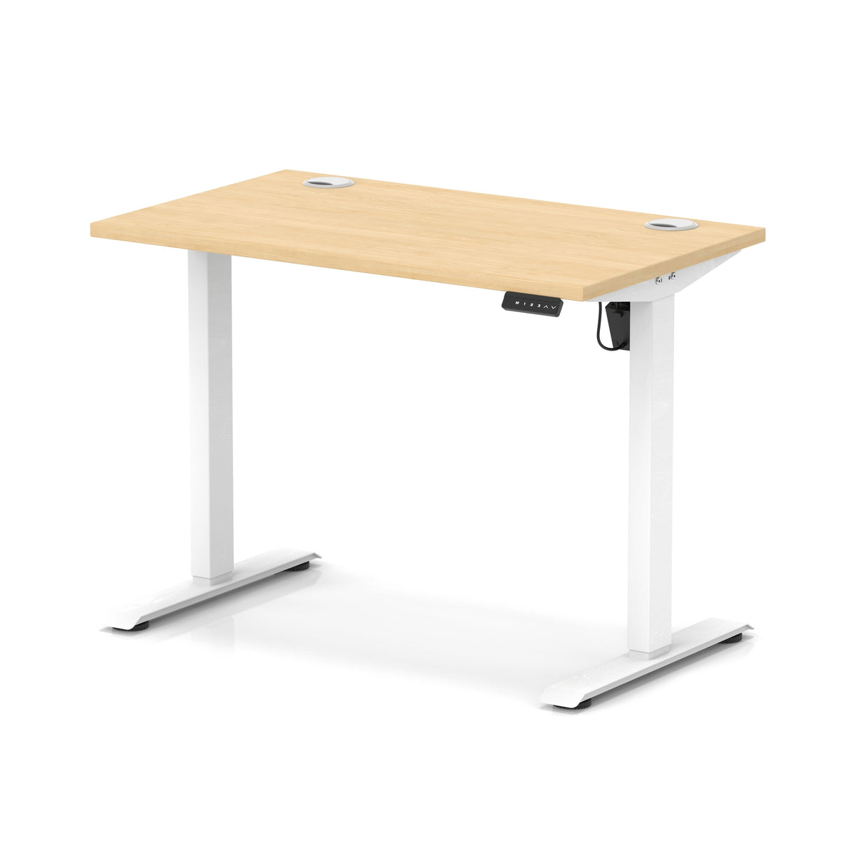 An adjustable standing desk with a light natural wood grain top and white metal legs, shown on a clean white background.