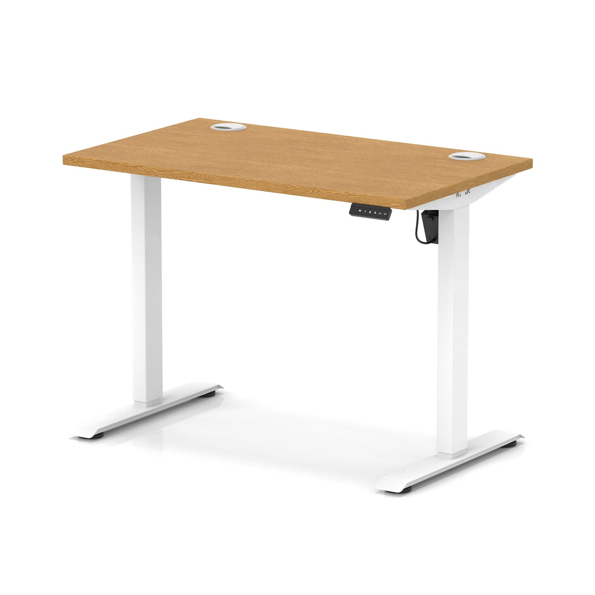 An adjustable standing desk with a light brown wood-grain desktop and white metal legs, shown on a white background.
