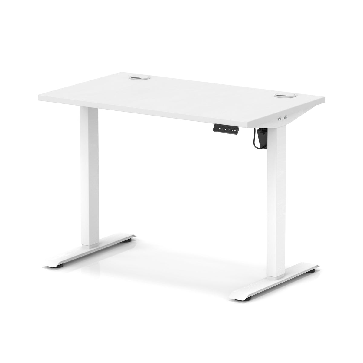 A white adjustable height standing desk with a rectangular top, two metal legs with footrests, and a small control panel on the right side, shown on a clean white background.