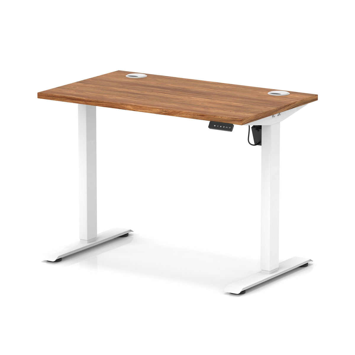 An adjustable standing desk with a medium brown wood-grain desktop and white metal legs, shown on a clean white background.