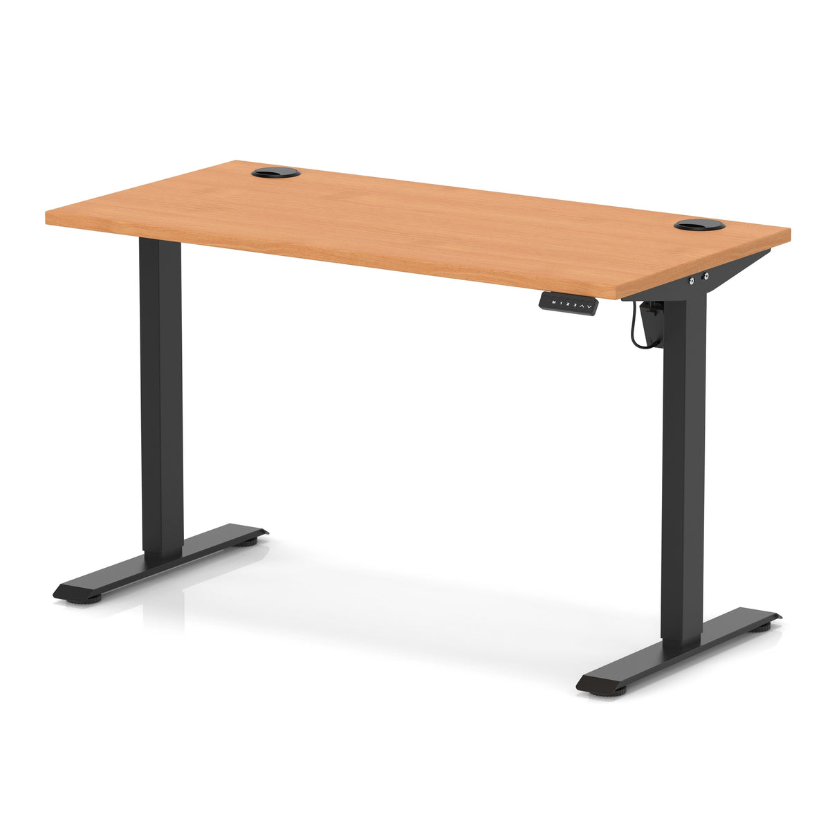 An adjustable height standing desk with a light brown wood-grain top and black metal legs, shown on a white background.