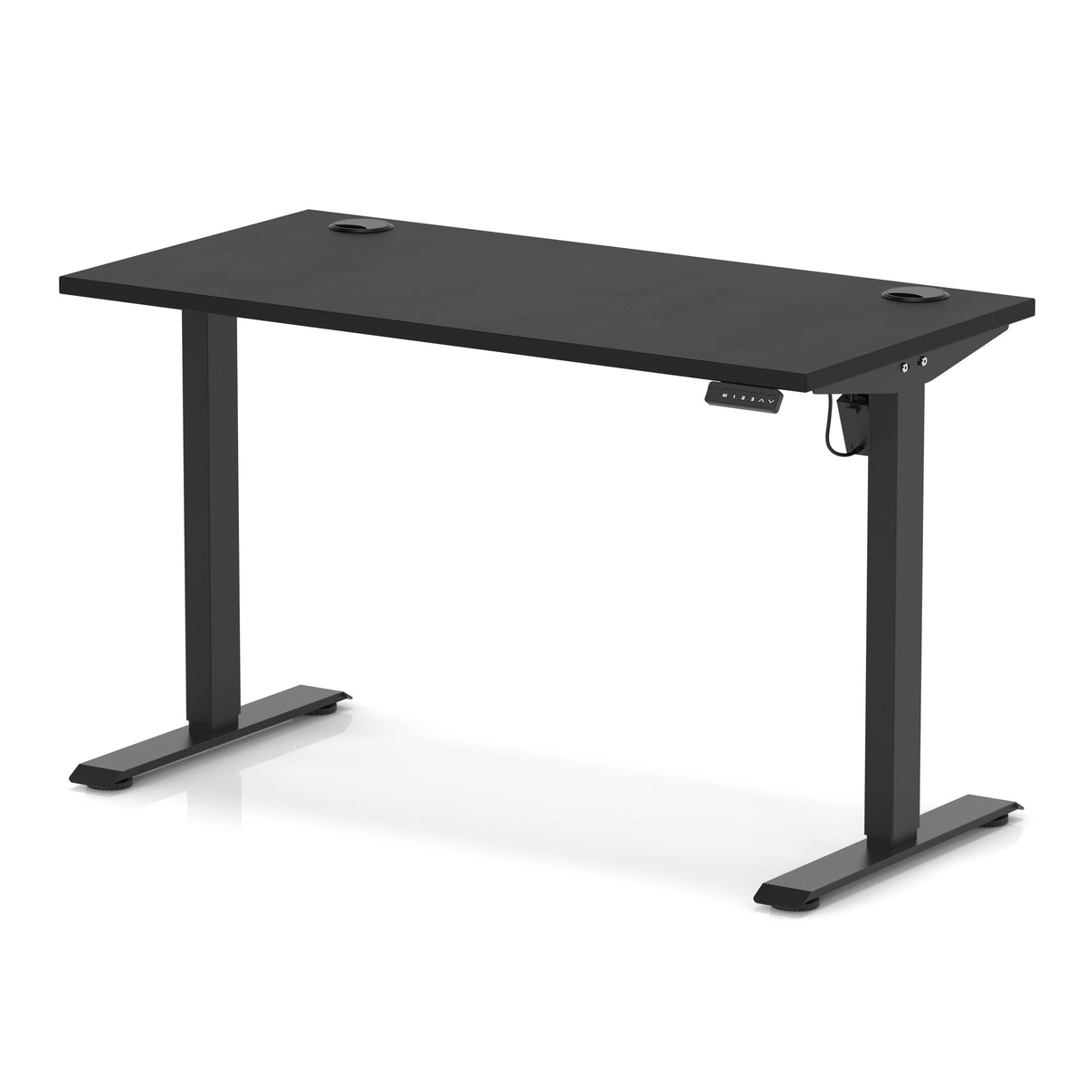 A black height-adjustable standing desk with a rectangular top, T-style metal legs, and a small control panel on the right side, shown on a clean white background.