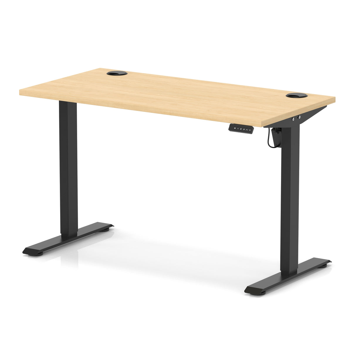 An adjustable standing desk with a light oak wood grain top and black metal legs, shown on a clean white background.