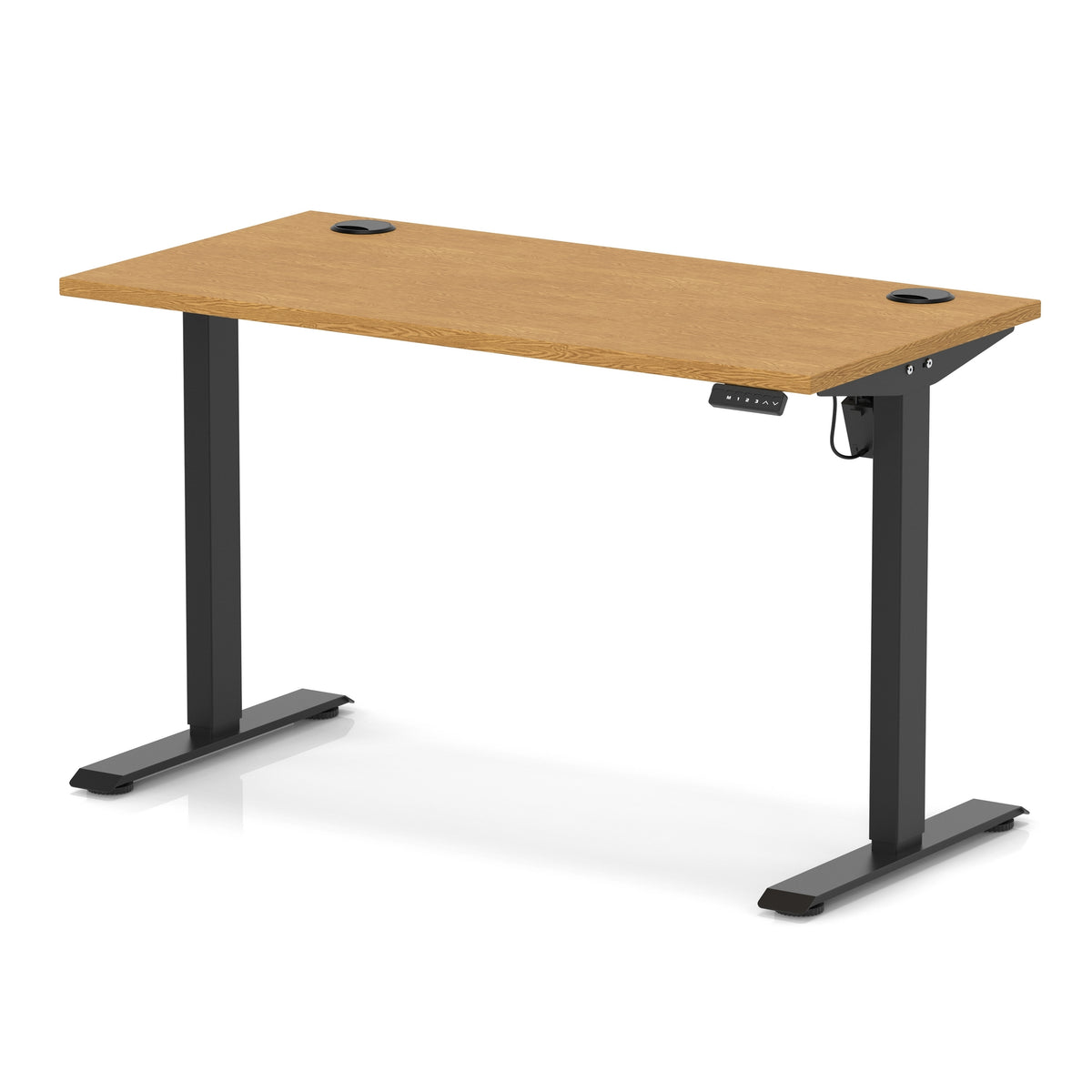 An adjustable height standing desk with a light brown wood grain top and black metal legs, shown on a white background.
