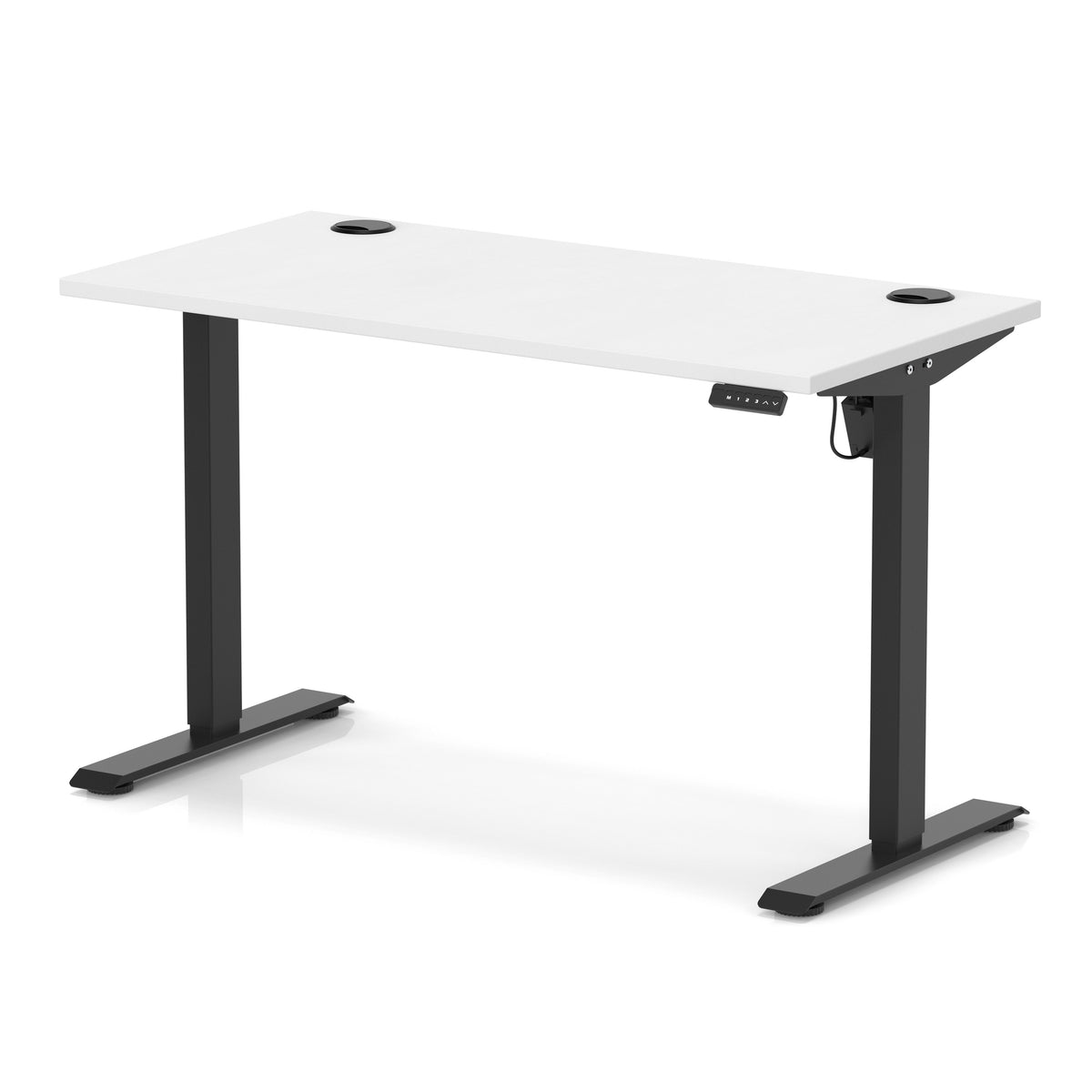 An adjustable height standing desk with a white rectangular desktop and black metal legs, shown on a clean white background.