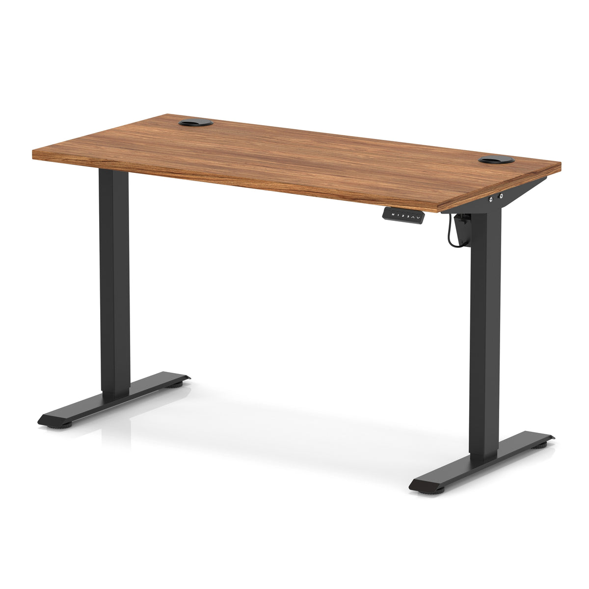An adjustable height standing desk with a medium brown wood-grain desktop and black metal legs, shown on a clean white background.