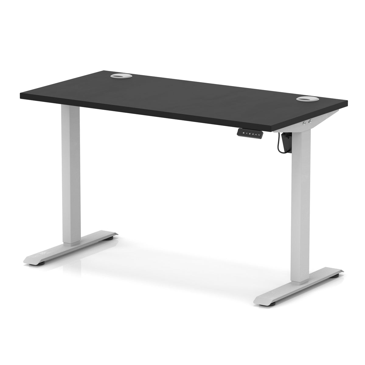 An electric height-adjustable standing desk with a black top and silver metal legs, shown on a clean white background.