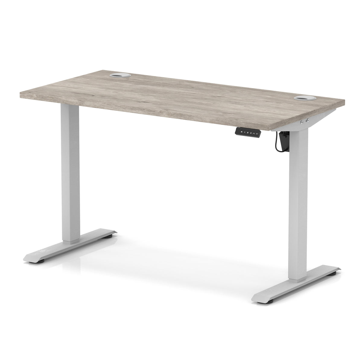 An adjustable height standing desk with a light grey wood-grain desktop and silver metal legs, shown on a white background.