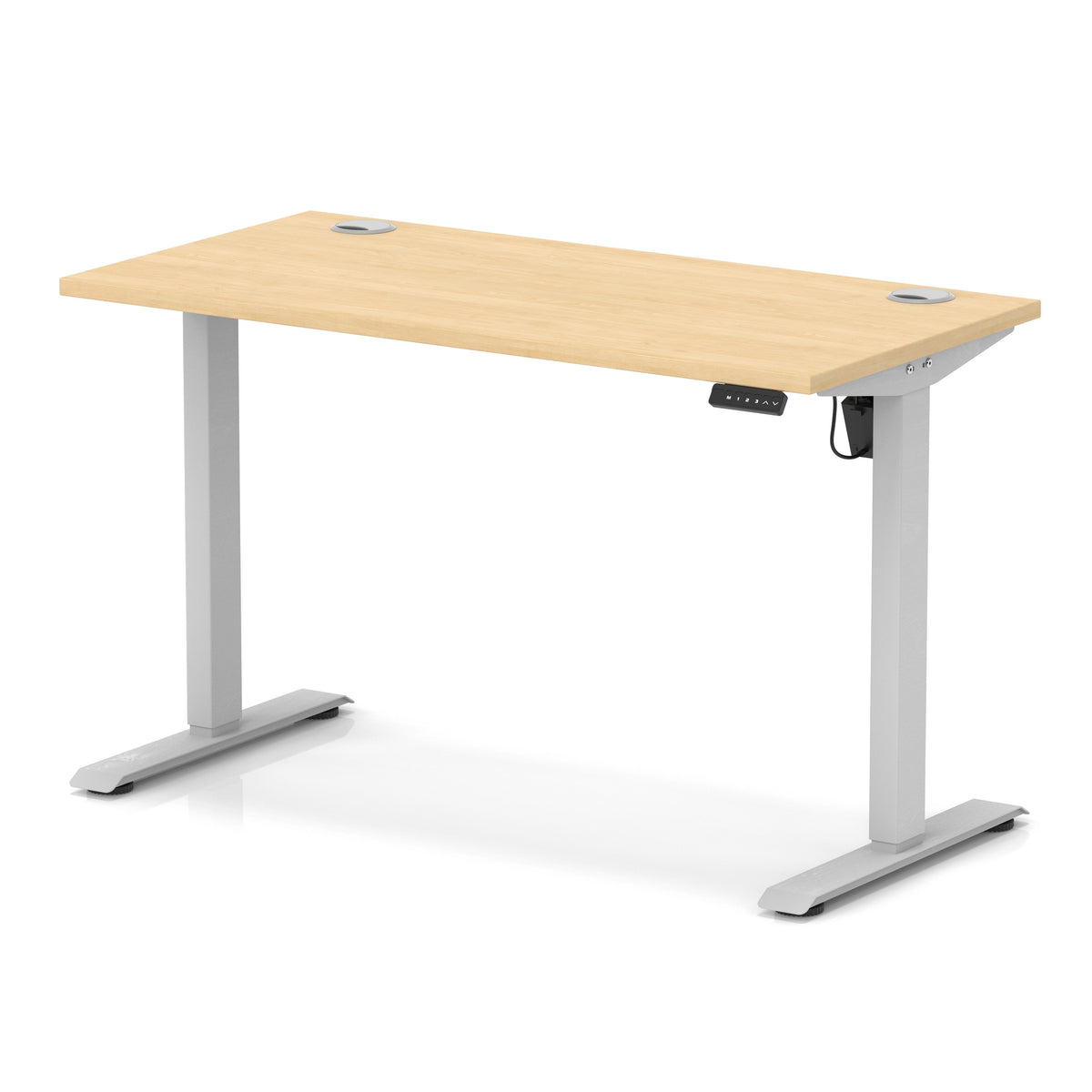 An adjustable height standing desk with a light wood grain top and a silver metal frame with T-style legs, shown on a white background.