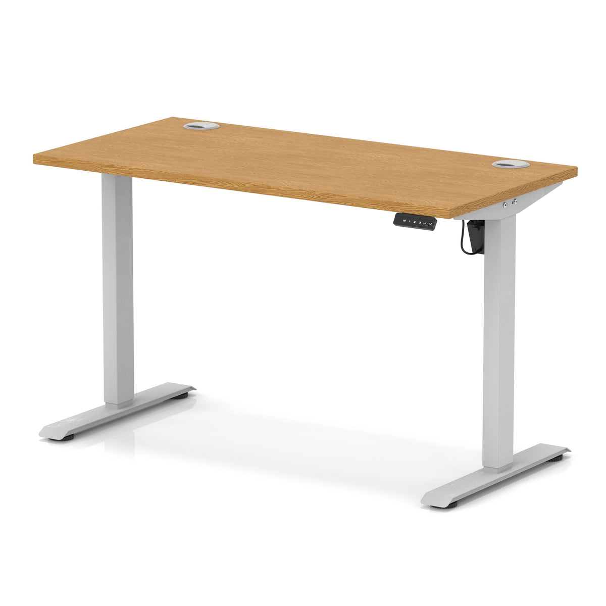 An adjustable height standing desk with a light brown wood grain top and silver metal legs, shown on a white background.