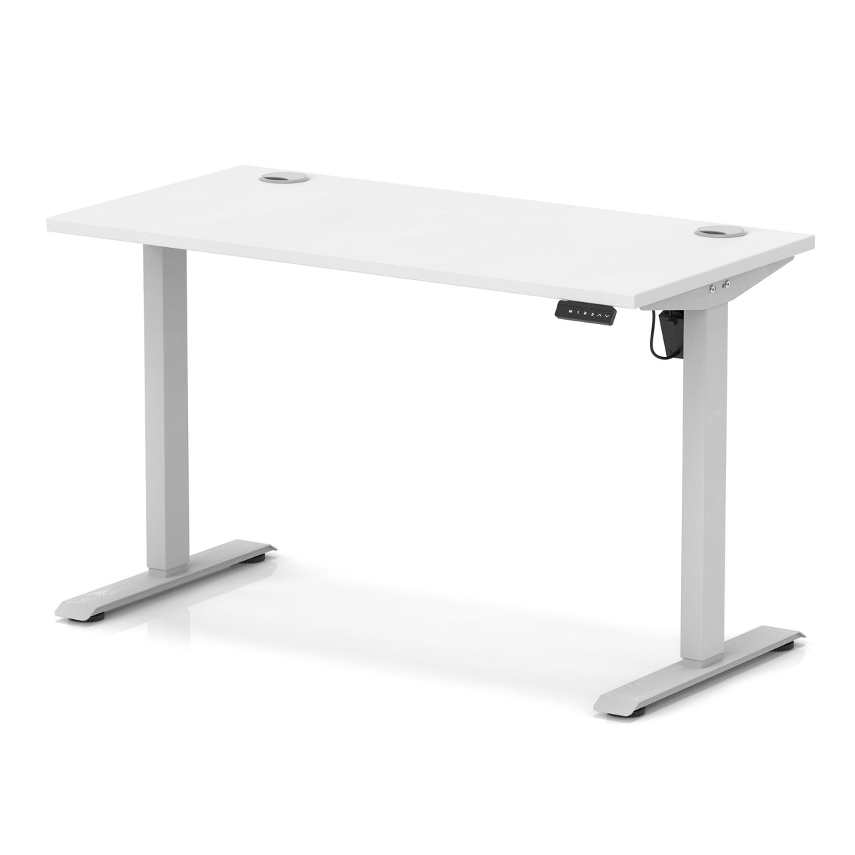 An adjustable height standing desk with a white rectangular desktop and silver metal legs, shown on a clean white background.