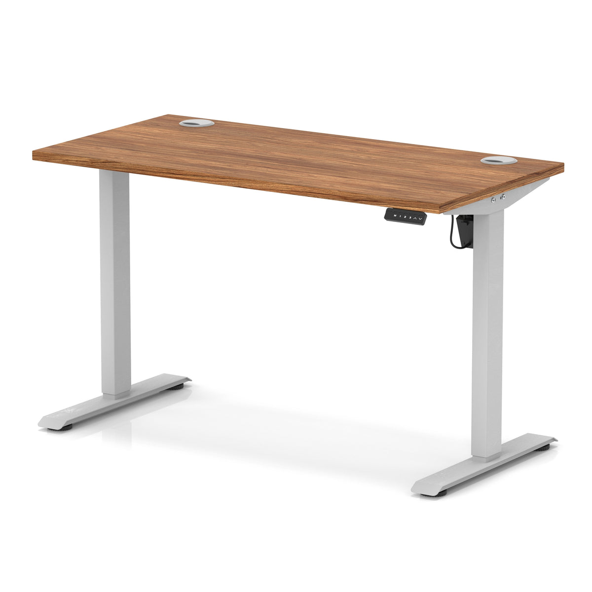An adjustable height standing desk with a medium brown wood-grain desktop and silver metal legs, shown on a clean white background.