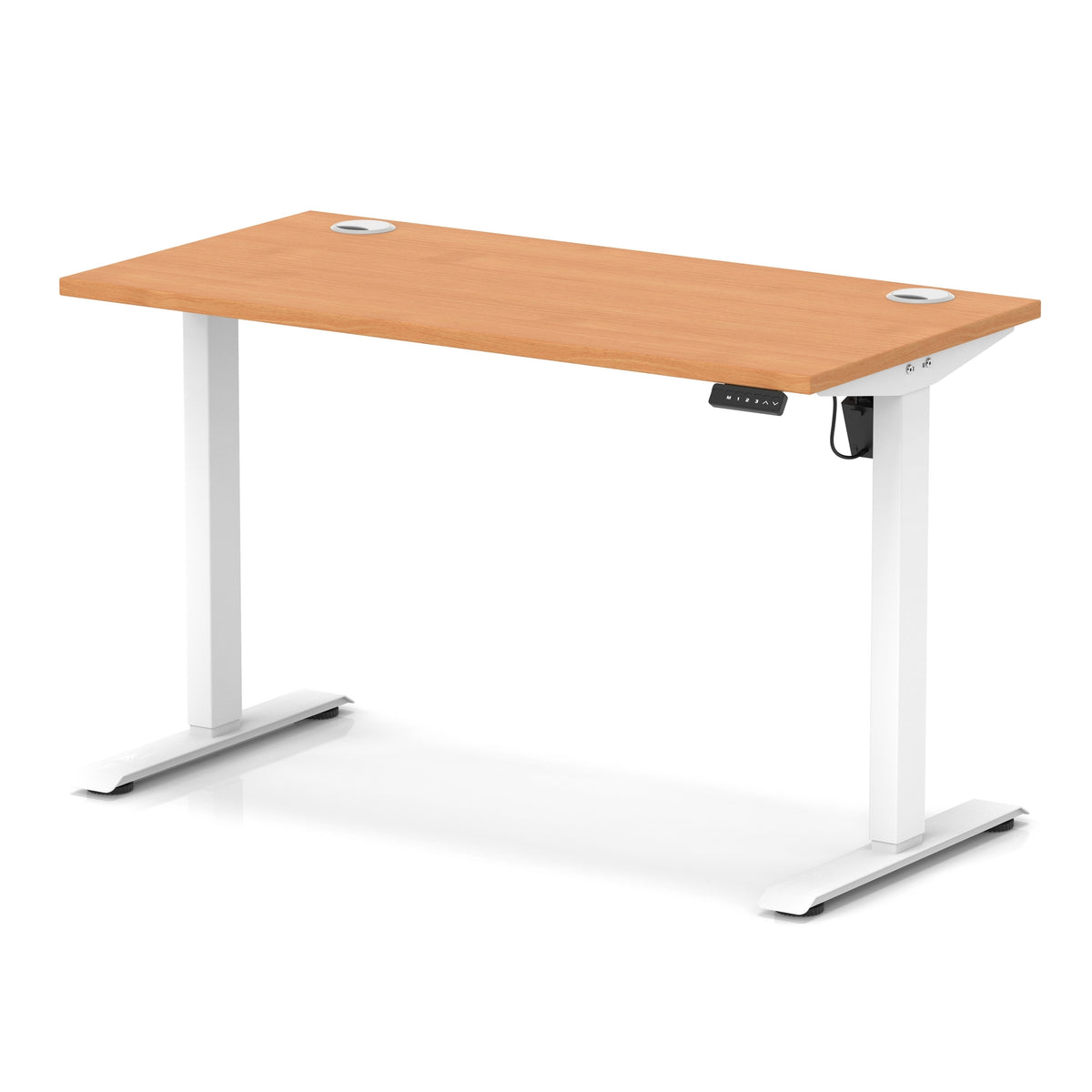 An adjustable height standing desk with a light brown wood-grain top and white metal legs, shown on a white background.