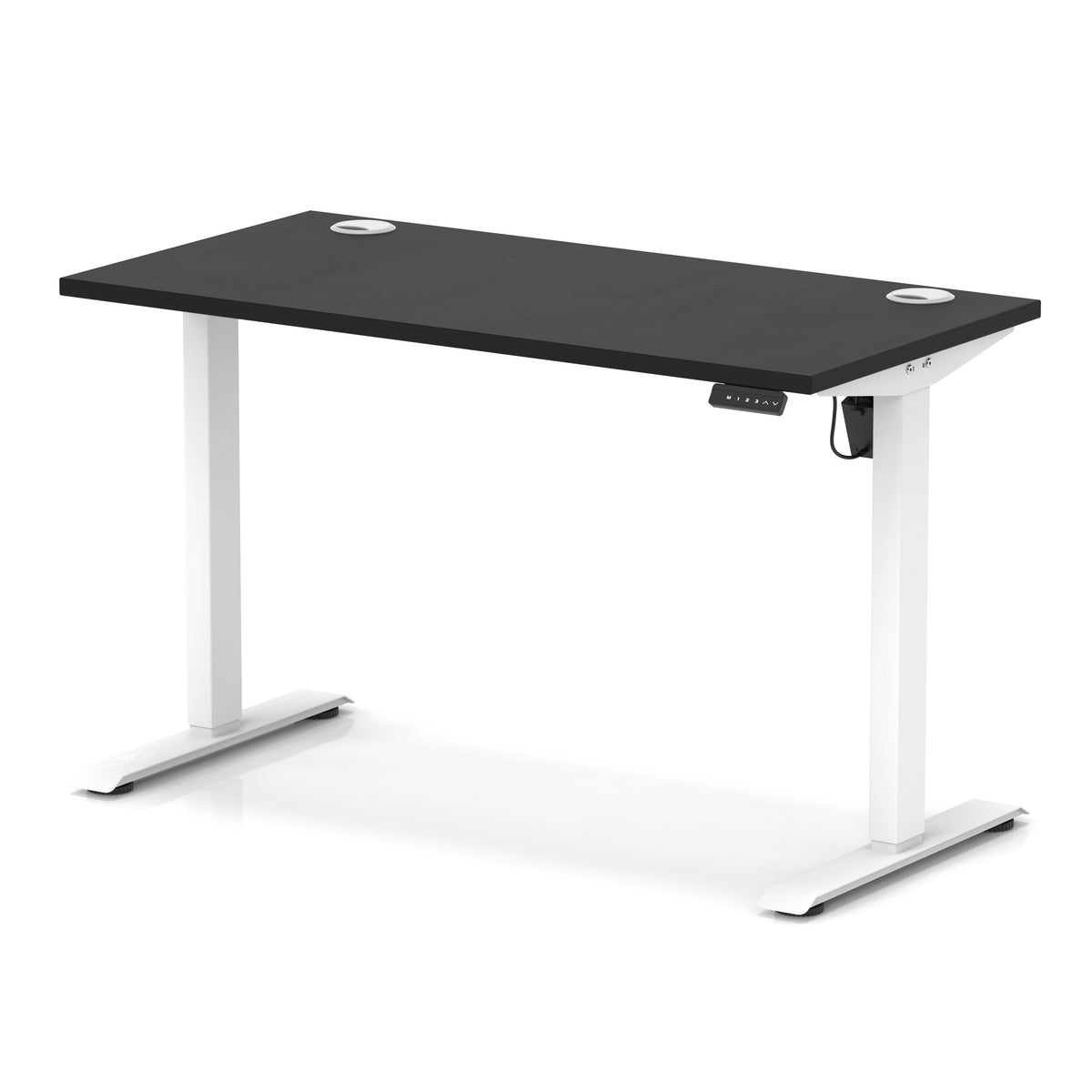 An electric height-adjustable standing desk with a black top and white metal legs, shown on a clean white background.