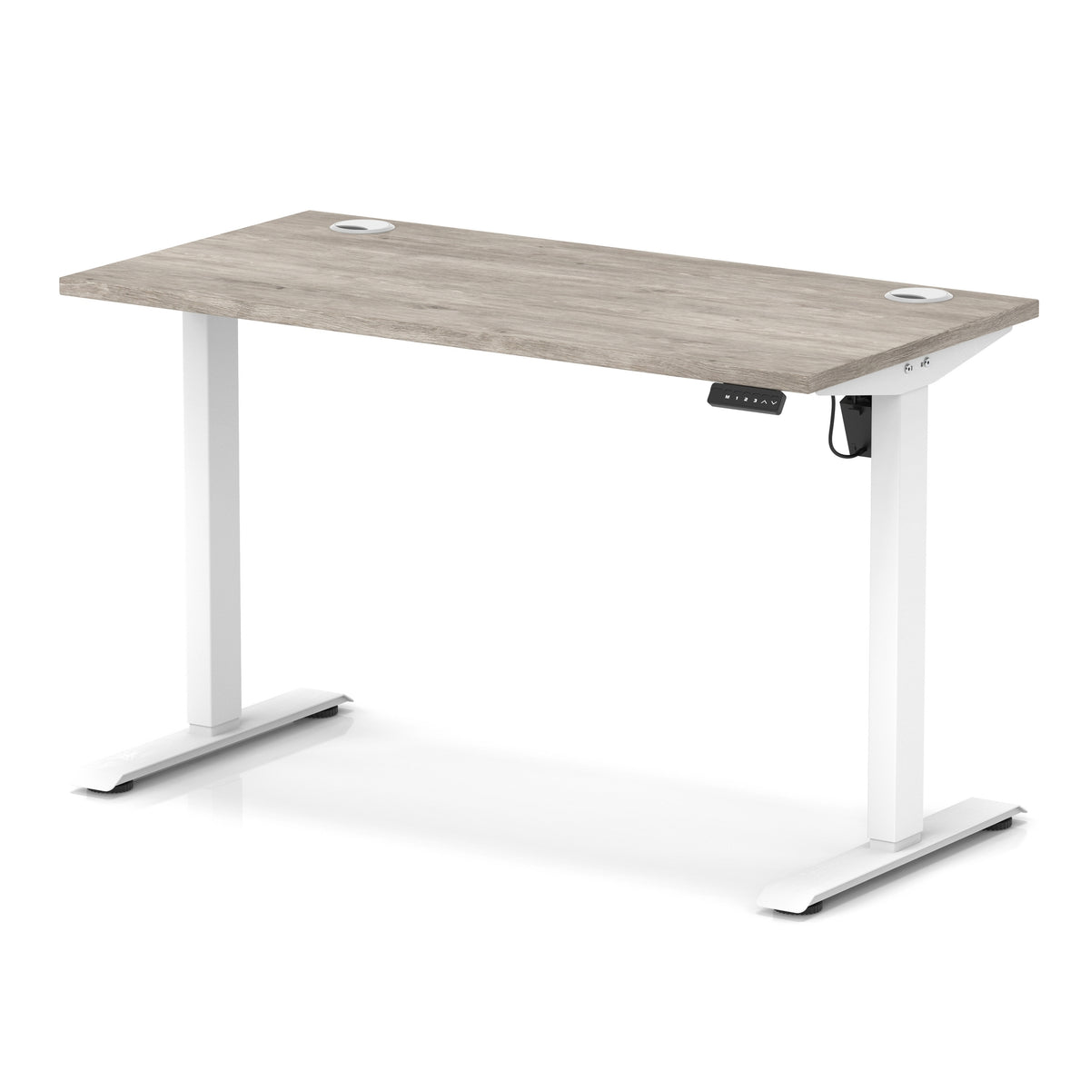An adjustable height standing desk with a light grey wood-grain desktop and white metal legs, shown on a white background.
