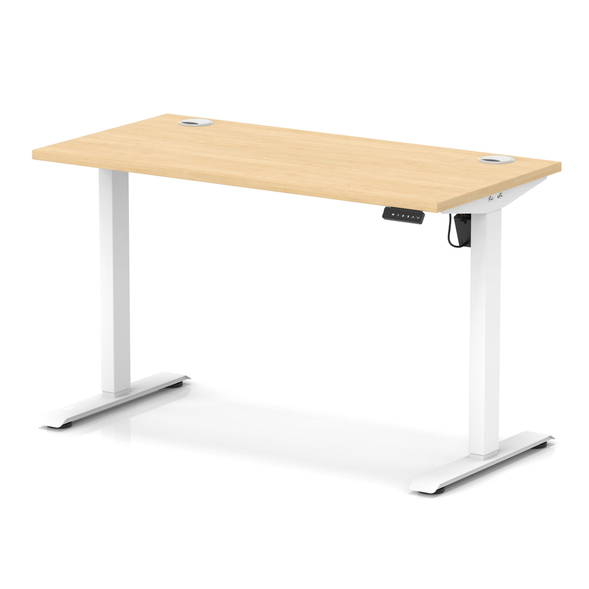 An adjustable height standing desk with a light wood grain top and a white metal frame with T-style legs, shown on a white background.