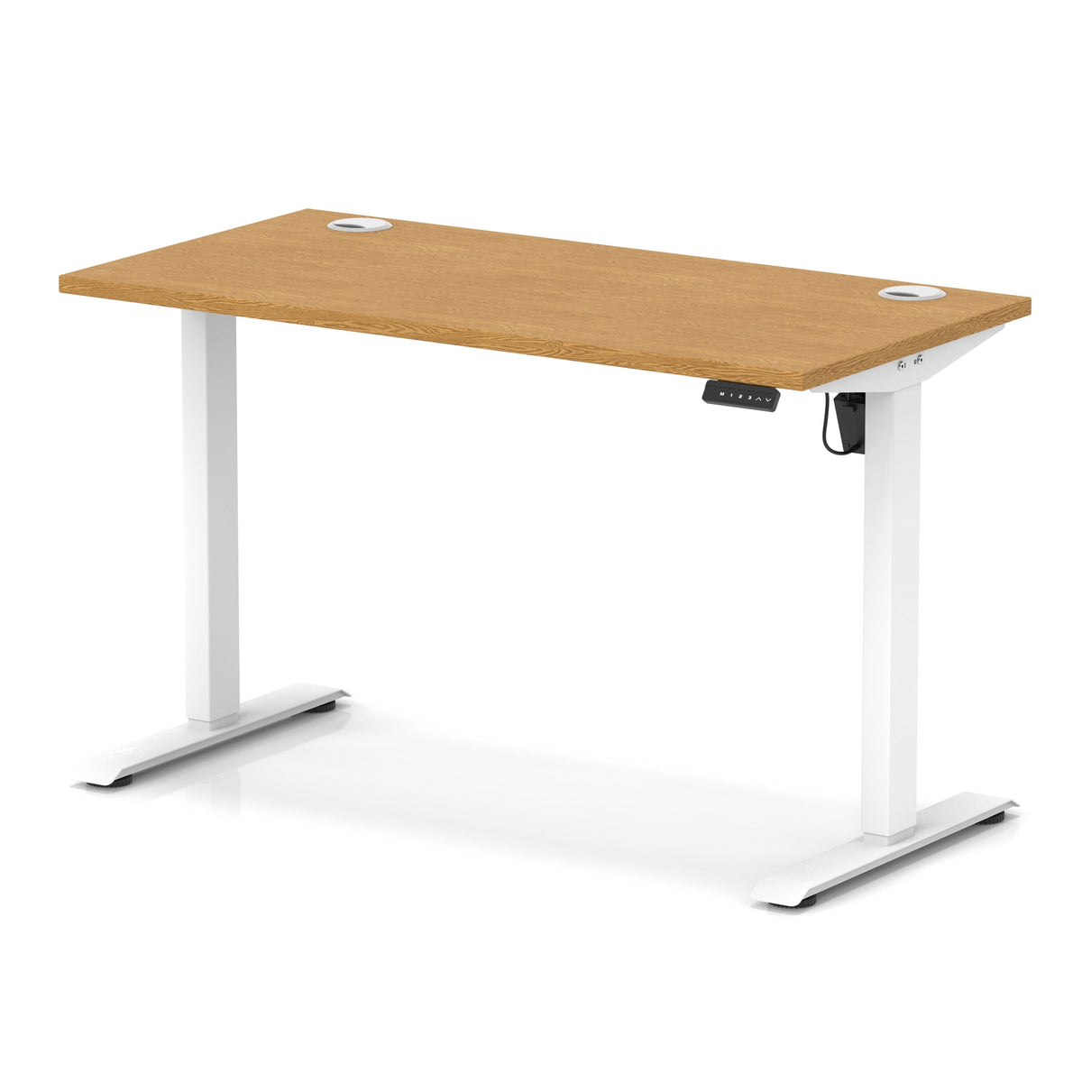 An adjustable height standing desk with a light brown wood grain top and white metal legs, shown on a white background.
