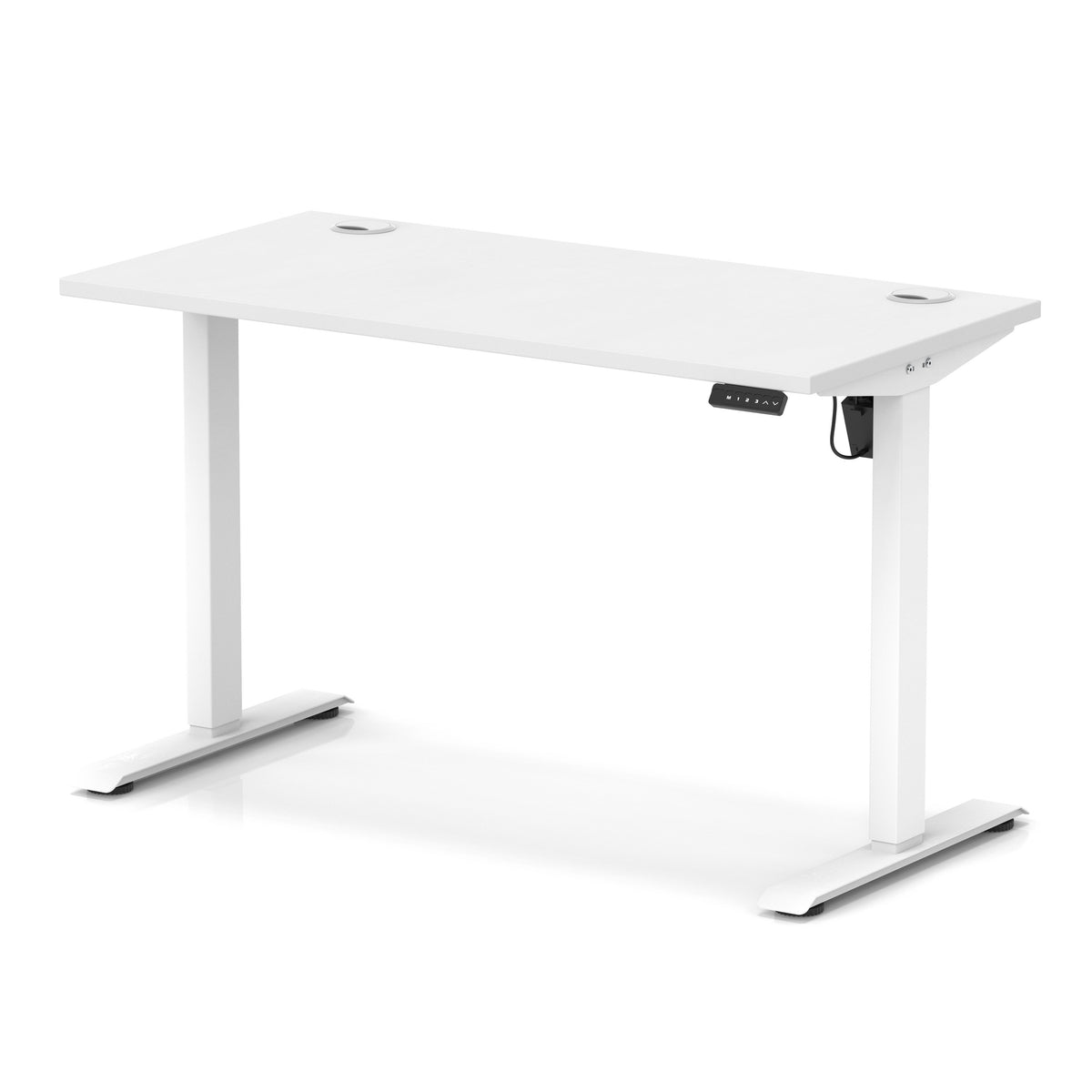 A modern white height-adjustable standing desk with a rectangular top, slim metal legs, and a small control panel on the right side, shown on a clean white background.