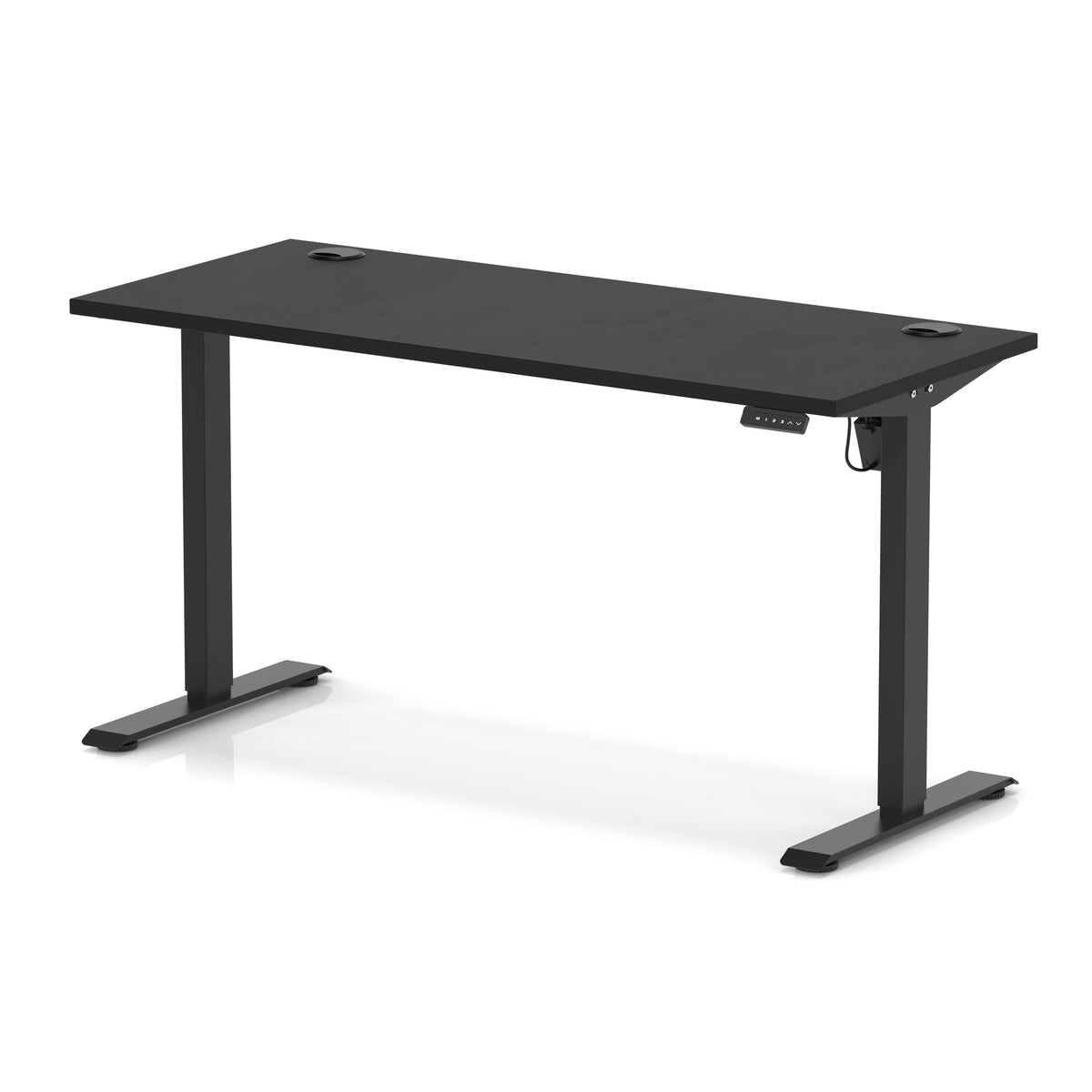 A modern black height-adjustable standing desk with a rectangular top and T-style metal legs, shown on a clean white background with a subtle reflection.
