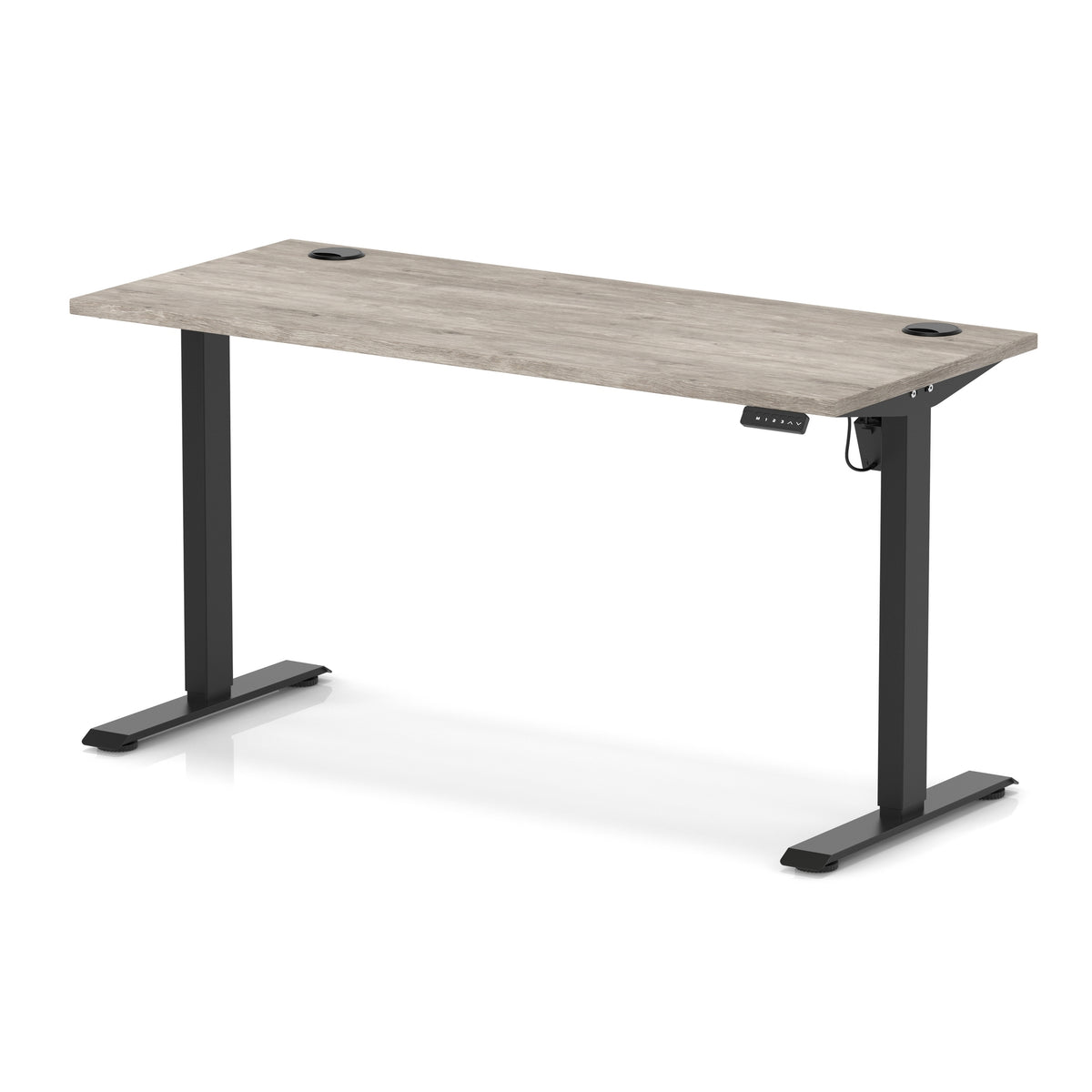 A modern height-adjustable standing desk with a light grey wood-grain desktop and black metal legs, shown on a clean white background.
